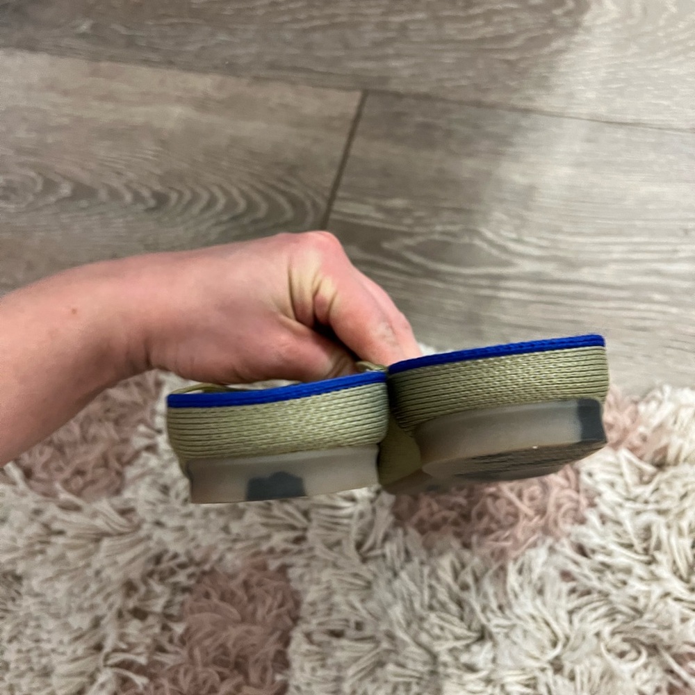 Rothy's Olive Green Pointed Slip-On Flats with Blue Heel Accent - Picture 11 of 13